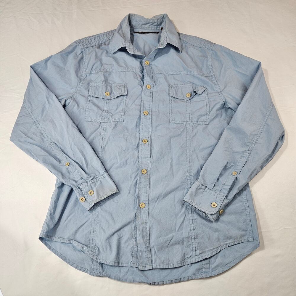 Perry Ellis Mens Medium Light Blue Chambray Cotton Utility Safari Work Shirt LS